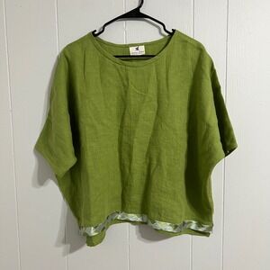 Atelier Arbor Womens Linen Top Size M Green Dolman‎ Sleeves Geometric Trim Boho